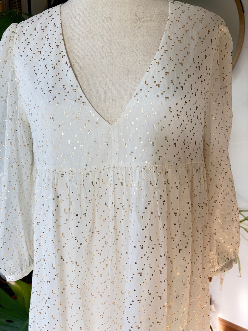 Aritzia Sunday Best Gold Foil Dot Mini Babydoll Dress Small V-Neck Boho Holiday - Picture 6 of 11